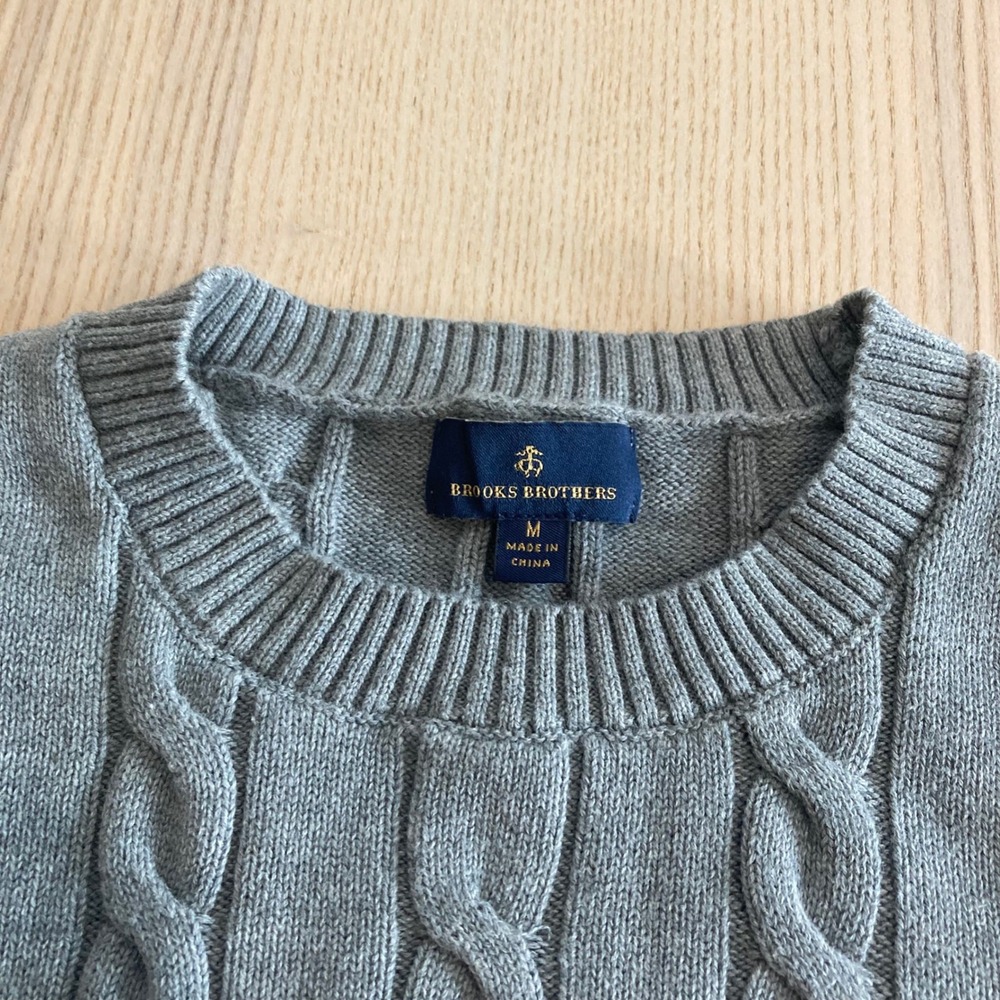 Brooks Brothers Sweater Mens Medium Grey Cable Knit Crew Neck Cotton Pullover - Picture 6 of 12